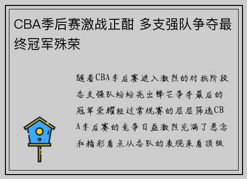 CBA季后赛激战正酣 多支强队争夺最终冠军殊荣