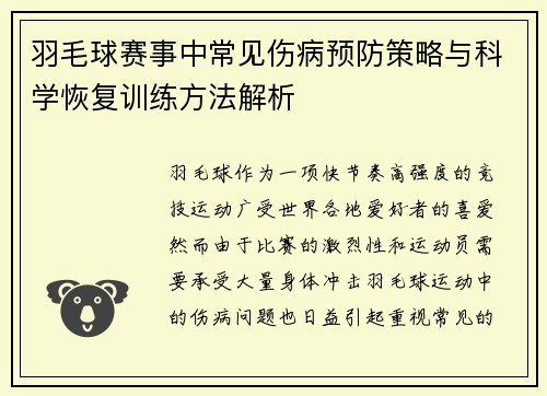 羽毛球赛事中常见伤病预防策略与科学恢复训练方法解析