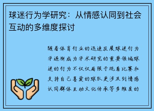 球迷行为学研究：从情感认同到社会互动的多维度探讨